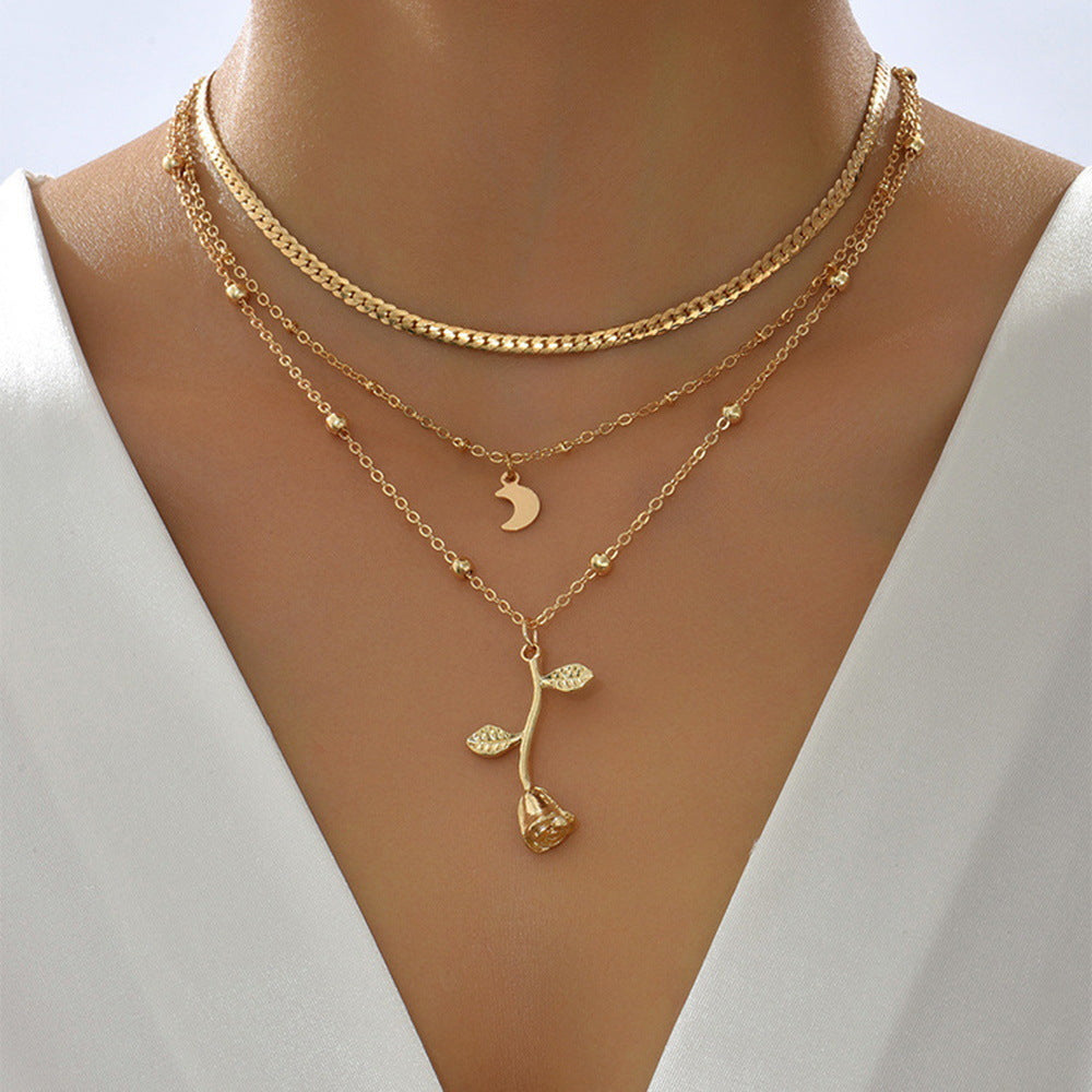 Layered Gold Plated Rose Moon Choker Necklace