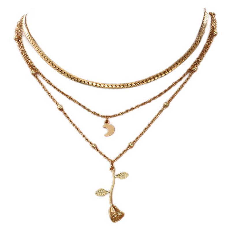 Layered Gold Plated Rose Moon Choker Necklace