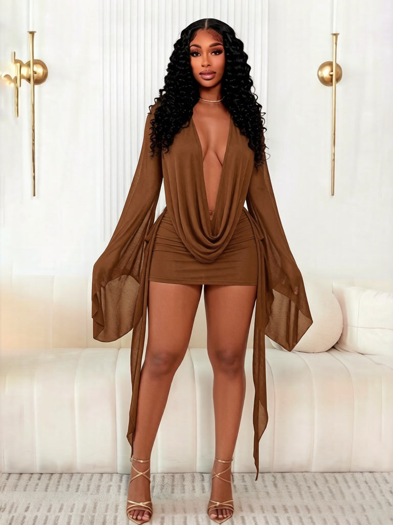 Alessia Bell-Sleeve Mesh Dress