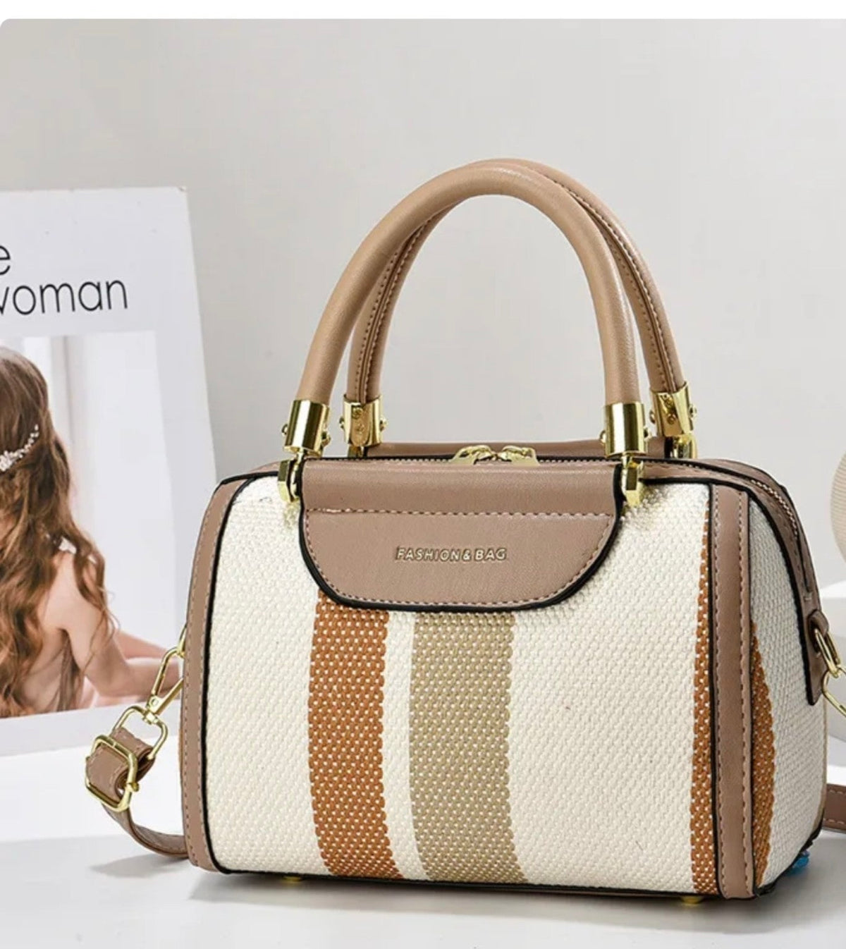 Neutral stripe structured handbag